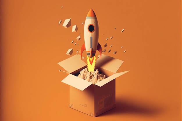 Rakete aus Karton, orangefarbener Hintergrund. AI digitale Illustration