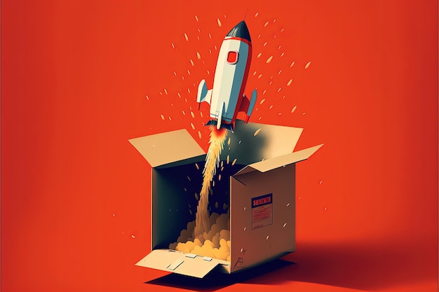 Rakete aus Karton, roter Hintergrund. AI digitale Illustration