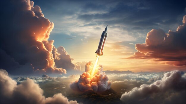 Rakete fliegt bei Sonnenuntergang durch die Wolken