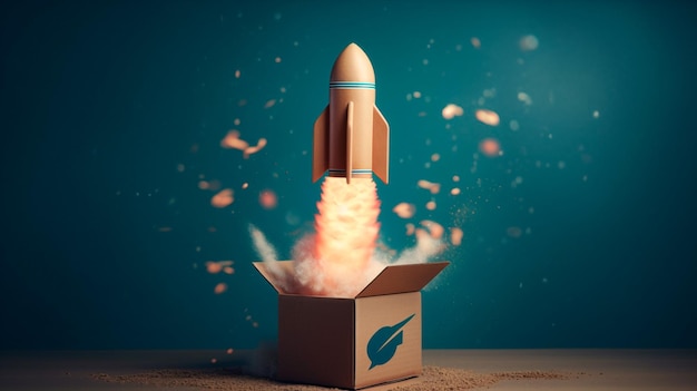 Rakete startet aus Karton auf blauem Hintergrund 3D-Darstellung Generative ai