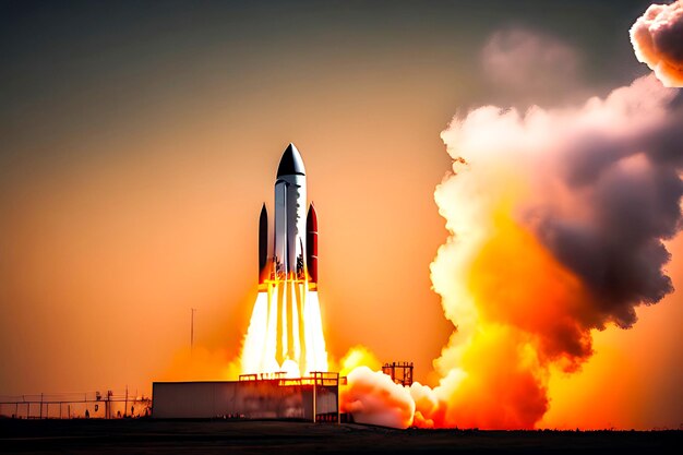 Rakete startet explosive Wirkung auf orangefarbenem Hintergrund, erzeugt von der KI