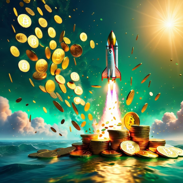 Rakete über einem Münzhaufen gestartet