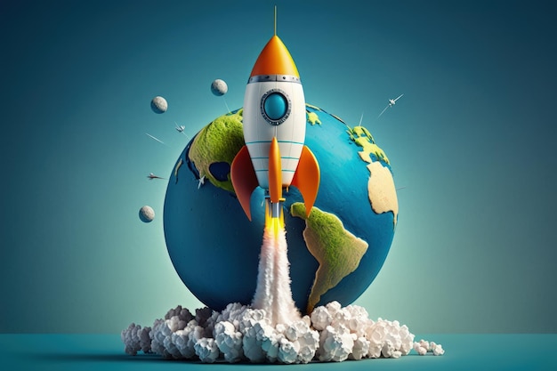 Rakete verlässt den Mini-Planeten Erde mit blauem Hintergrund 3D-Illustration KI