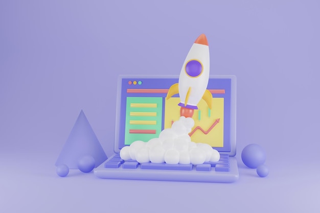 Raketenstart auf Laptop fliegende Rakete Symbol Business Startup Projektkonzept Einführung neuer Produkte oder Dienstleistungen Technologieentwicklungsprozess 3D-Rendering