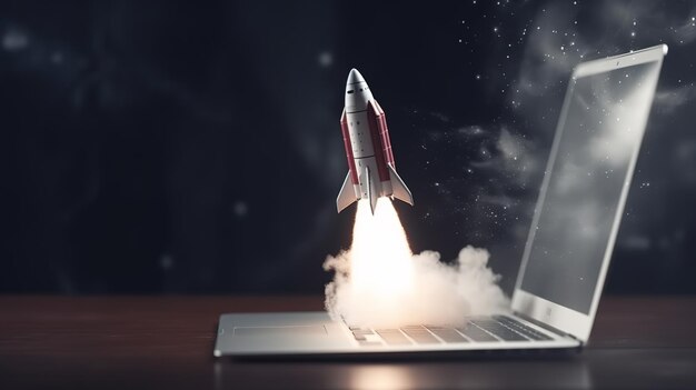 Raketenstart auf Laptop fliegende Rakete Symbol Unternehmensgründung Projektkonzept