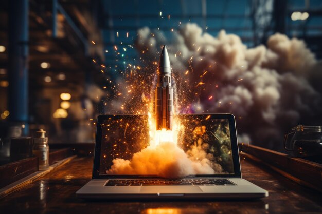 Raketenstart aus Laptop-Neugründungskonzept