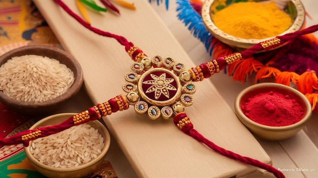 Raksha Bandhan mit einem eleganten Rakhi Reiskörner und Kumkum