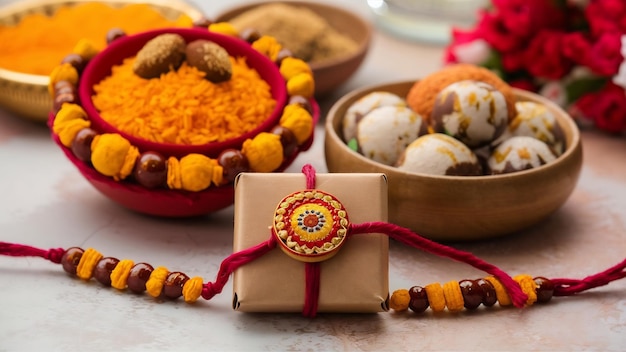 Raksha Bandhan Rakshabandhan Rakhi mit Haldi kumkum Reis süße Mithai Geschenkkiste selektiver Fokus