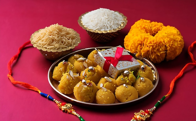 Raksha bandhan saludando rakhi y regalo con dulce o kaju katli y granos de arroz kumkum Ai generado