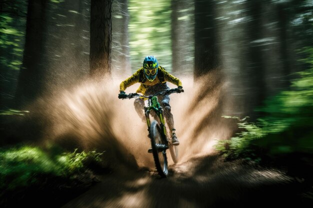 Rallye-Fahrer rast mit Crossbike durch den Wald