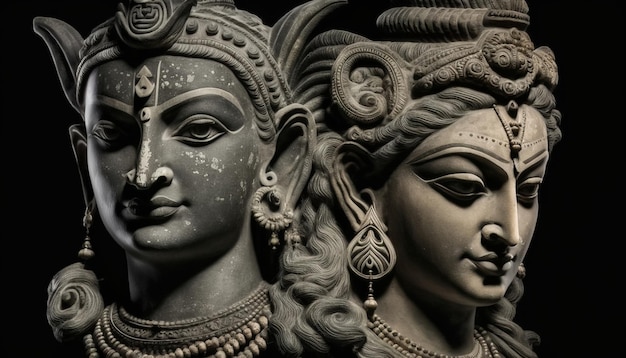 Ram-Gott und Sita-Göttin-Statue isoliert mit dunklem Hintergrund generative KI