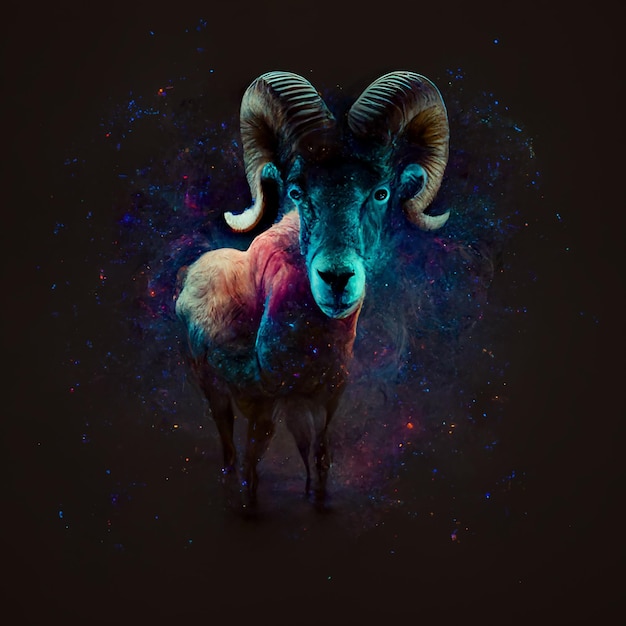 Ram ve el frente con la constelación de aries del zodiaco de doble exposición