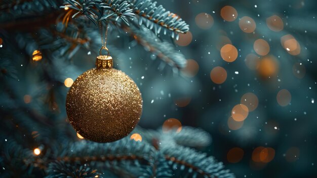La rama de abeto dorada y brillante colgando en la noche azul abstracta un árbol de Navidad en una bola