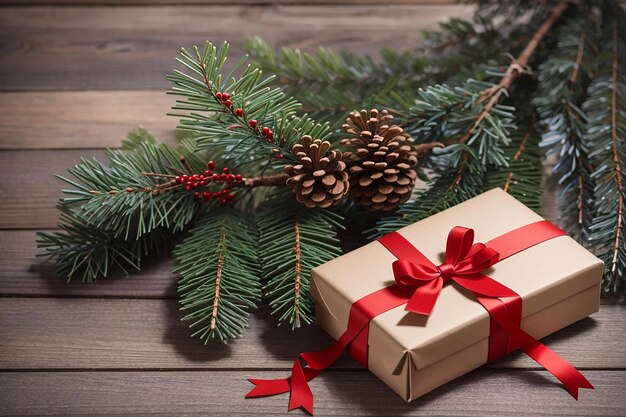 Foto rama de abeto con enganche cerca de la caja de regalos con arco rojo a bordo