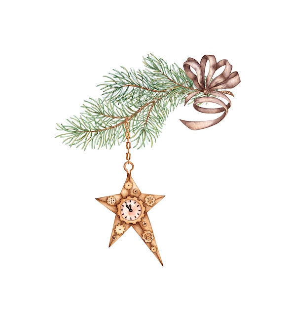 Rama de abeto con una estrella de bronce y un arco marrón ilustración de acuarela estilo steampunk Plantas forestales