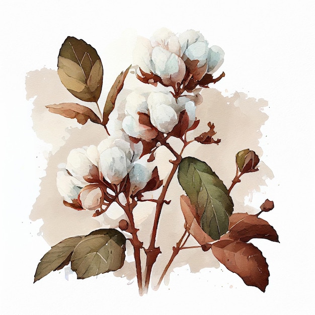 Rama de algodón sobre fondo blanco Delicadas flores de algodón blanco Fondo de algodón ligero endecha plana