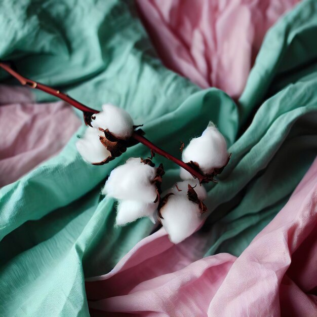 Foto rama de algodón sobre tela arrugada verde y rosa.