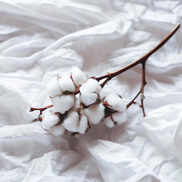 Foto rama de algodón sobre tela blanca arrugada