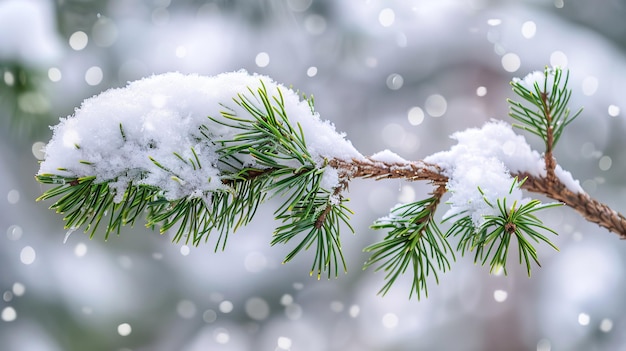 Una rama de un árbol cubierta de nieve esponjosa Pine Paw con agujas verdes