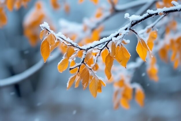 Una rama de árbol cubierta de nieve con las hojas cubiertas de nieve.