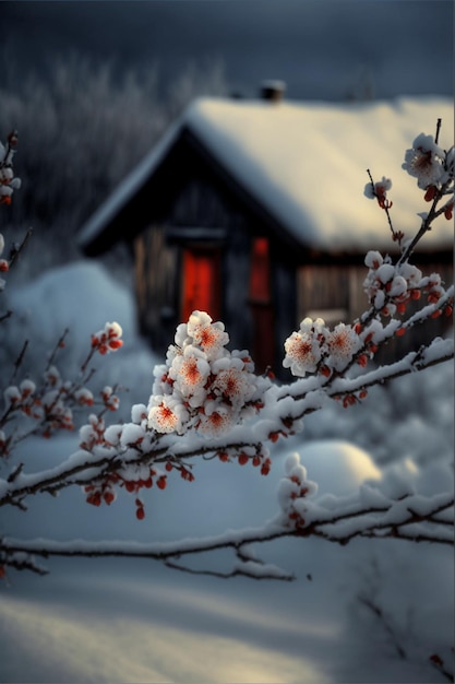 Rama de un árbol cubierto de nieve con una casa en el fondo ai generativo