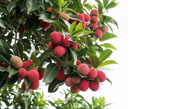 Foto una rama de árbol exuberante fuertemente cargada de frutas de lychee rojo vibrante intercaladas con hojas verdes establece un