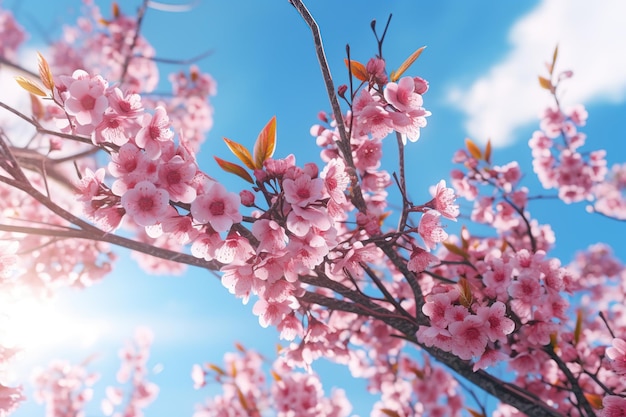 Rama de árbol de flor rosa con cielo azul claro