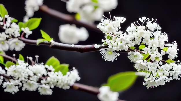 Una rama de un árbol con flores blancas y hojas verdes.