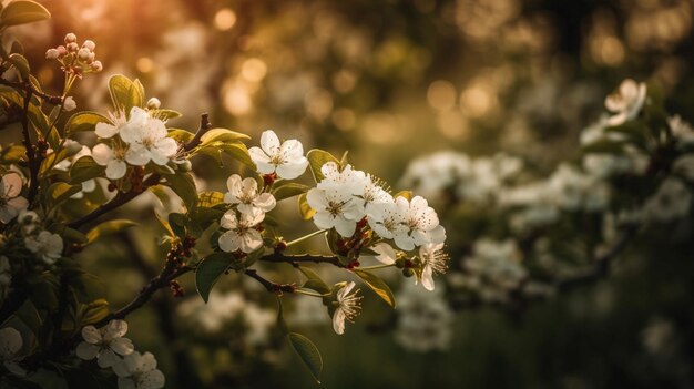 Una rama de un árbol con flores blancas a la luz del sol