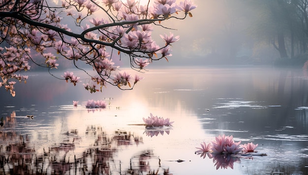 una rama de árbol con flores rosadas en el agua y un reflejo de un árbol