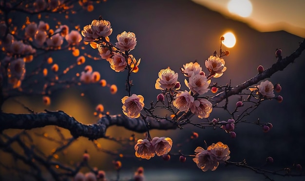 Una rama de un árbol con flores rosas.