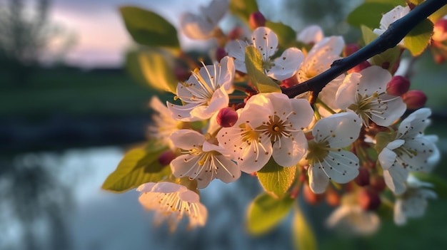 Una rama de un árbol con flores rosas.