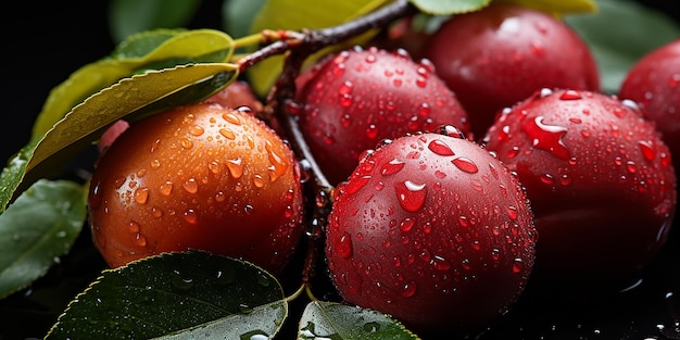 una rama de árbol con frutas y gotas de agua.