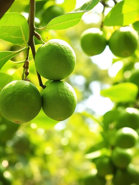 una rama de un árbol con frutas verdes en él