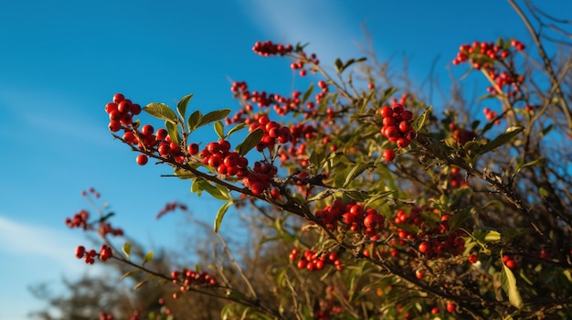 Una rama de un árbol con frutos rojos contra un cielo azul.