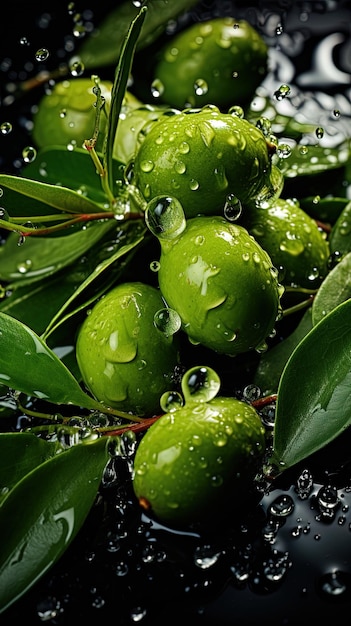 una rama de un árbol con gotas de agua en él