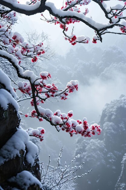 La rama del árbol se ha cubierto con una fuerte nieve y la hora de la puesta del sol en la temporada de invierno AI generado ilustración