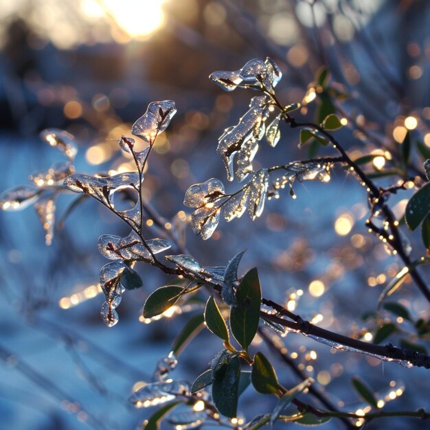 una rama de árbol con hielo y hielo y el sol detrás de ella