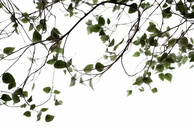 Una rama de árbol con hojas contra un cielo blanco