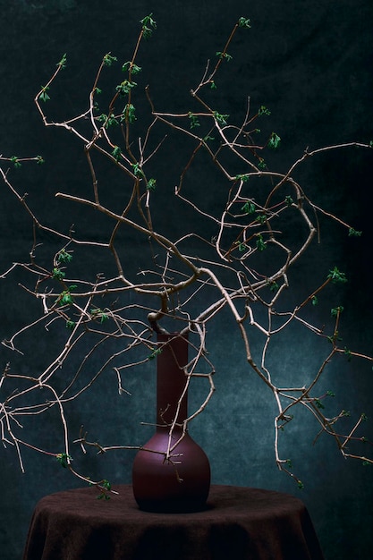 Una rama de árbol con hojas en flor en un jarrón
