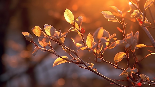 Una rama de un árbol con hojas a la luz del sol