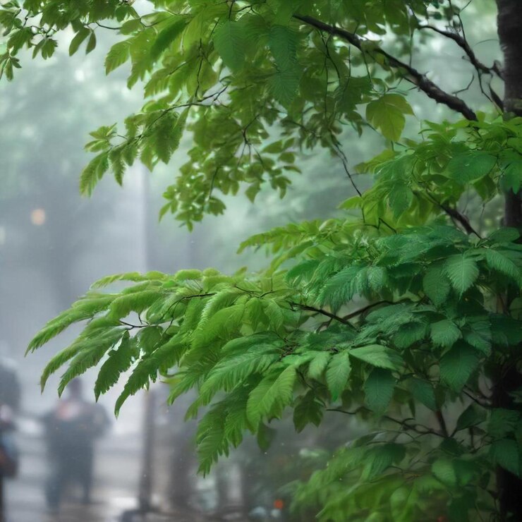 una rama de árbol con hojas verdes y un hombre caminando en la lluvia