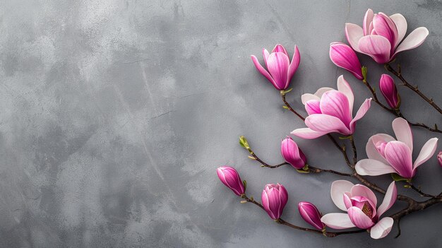 Una rama de un árbol de magnolia con flores rosadas en un fondo gris Espacio para texto IA generativa