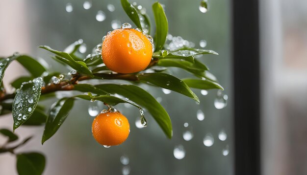 Foto una rama de un árbol de naranja con gotas de agua en él