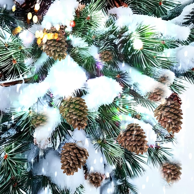 Rama de árbol de Navidad cubierta de nieve y luz de iluminación festiva y confeti dorado de bolas