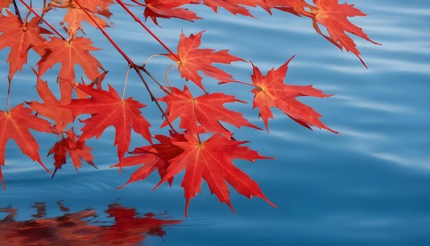 Una rama de arce rojo de otoño sobre el agua azul