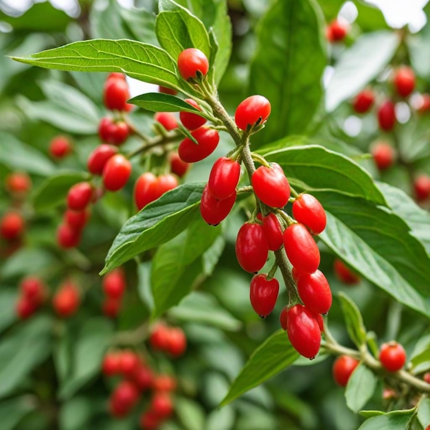 Foto una rama de bayas rojas con la palabra cereza en ella