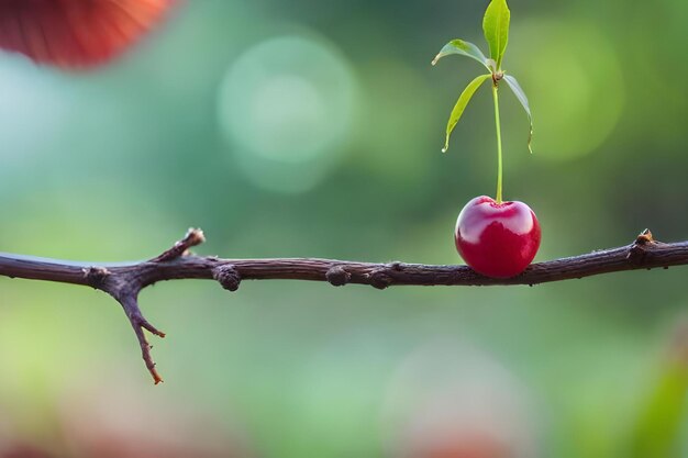 Foto una rama con una cereza y un fondo borroso.