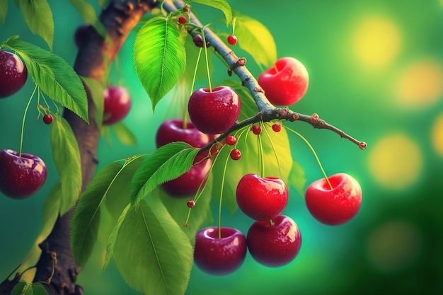 En una rama de cerezo, las cerezas maduras cuelgan sobre un fondo verde En un día soleado, las frutas maduran en un huerto de cerezos orgánicos