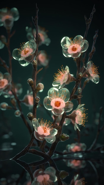 Una rama de un cerezo en flor con un fondo verde.